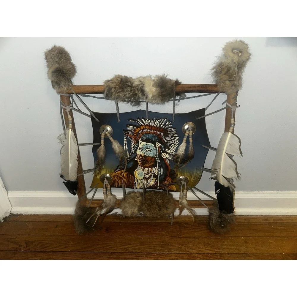 Native American Mandella Shield Hand Painted Saddle Blanket On Leather Log Frame